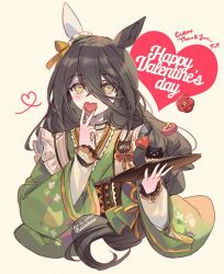 1girl black_hair blush candy chocolate chocolate_heart closed_mouth covering_own_mouth cropped_torso english_text flat_chest food green_kimono hair_between_eyes happy_valentine heart holding holding_tray japanese_clothes kimono long_hair long_sleeves looking_at_viewer manhattan_cafe_(umamusume) manhattan_cafe_(verdant_night)_(umamusume) name_tag shirt signature smile solo tray umamusume upper_body welchino white_shirt wide_sleeves yellow_background yellow_eyes