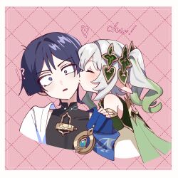 !? 1boy 1girl aqua_gemstone armlet black_bodysuit black_hair blue_cape blunt_ends blush bodysuit border cape closed_eyes collarbone constricted_pupils cropped_torso detached_sleeves dress eyelashes eyeliner eyeshadow gem genshin_impact gold green_cape green_hair green_sleeves hair_ornament hand_on_another&#039;s_shoulder heart heart_hair_ornament highres japanese_clothes jewelry kimono kiss kiss_day kissing_cheek long_hair makeup mandarin_collar multicolored_hair nahida_(genshin_impact) oishii_sasa open_mouth pink_background pointy_ears purple_eyes red_eyeliner red_eyeshadow scaramouche_(genshin_impact) shoulder_peek side_ponytail sidelocks sound_effects streaked_hair surprised vision_(genshin_impact) wanderer_(genshin_impact) white_border white_dress white_hair white_kimono white_sleeves white_trim wispy_bangs