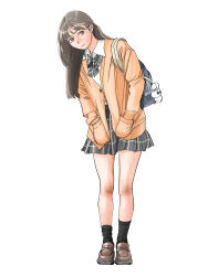 1girl absurdres bag bag_charm black_bow black_skirt black_socks bow brown_eyes brown_hair brown_shoes charm_(object) full_body hands_in_pockets highres jacket loafers looking_at_viewer original sakamoto_giulietta school_bag school_uniform shoes simple_background skirt socks solo white_background