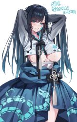 1girl absurdres arms_up artist_request bandaged_torso black_hair blue_eyes blue_skirt breasts commentary_request dragon_print floral_print grin hanbok highres korean_commentary korean_text large_breasts long_hair long_sleeves original ponytailed_girl_(songbarang) print_skirt second-party_source simple_background skirt smile solo sweat underboob white_background white_hanbok
