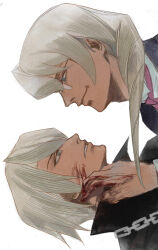 2boys absurdres ace_attorney apollo_justice:_ace_attorney black_shirt blonde_hair blood blood_on_face blood_on_hands blue_eyes blue_suit brothers canvas_texture dark-skinned_male dark_skin drill_hair faux_traditional_media formal_clothes hair_between_eyes highres klavier_gavin kristoph_gavin lapels long_hair male_focus multiple_boys neck_ribbon pink_ribbon popped_collar ribbon semi-rimless_eyewear shirt short_hair siblings side_drill sideways sio2_(whynotkarma) smirk suit surprised white_background