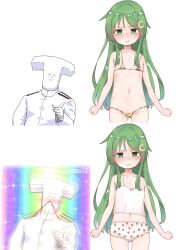 1boy 1girl 702_(naotsu) absurdres aroused_nosebleed bikini blood blush camisole clenched_hands crescent crescent_hair_ornament drakeposting_(meme) flat_chest food_print fruit_print gold_bikini green_eyes green_hair hair_ornament highres kantai_collection loli long_hair meme micro_bikini multiple_views nagatsuki_(kancolle) nose_blush nosebleed panties sidelocks simple_background sparkle strawberry_print swimsuit t-head_admiral underwear white_background white_camisole