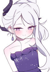 absurdres akarenga blue_archive blush collarbone demon_girl demon_horns dress earrings flat_chest gloves highres hina_(blue_archive) hina_(dress)_(blue_archive) horns jewelry long_hair looking_at_viewer off_shoulder purple_dress purple_eyes purple_gloves simple_background white_background white_hair