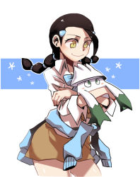 1girl black_hair candice_(pokemon) clothes_around_waist creatures_(company) game_freak gen_4_pokemon green_eyes long_hair long_sleeves miniskirt multi-tied_hair nintendo pokemon pokemon_dppt skirt snover sweater sweater_around_waist wm_(chawoo1357) yellow_eyes