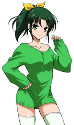 10s 1girl bare_shoulders blush female_focus green_eyes green_hair green_nails green_shirt green_thighhighs hand_on_own_hip looking_at_viewer matching_hair/eyes midorikawa_nao nail_polish naked_sweater ponytail precure shirt short_hair simple_background smile smile_precure! solo sweater thighhighs wauwa white_background