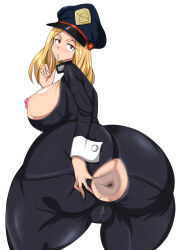 Rule 34 | 1girl, :o, alternate breast size, anus, anus only, ass, ass focus, backless bodysuit, bare shoulders, black bodysuit, blonde hair, blush, bodysuit, boku no hero academia, breasts, breasts out, cameltoe, curvy, female focus, grabbing own ass, hat, highres, huge ass, large breasts, looking at viewer, looking back, nipples, no humans, no panties, open mouth, peaked cap, presenting, presenting anus, shijima (pixiv1182172), shiny skin, simple background, spread anus, spread ass, sweat, swim cap, swimsuit, thick thighs, thighs, tongue, tongue out, torn bodysuit, torn clothes, uncensored, utsushimi kemii, white background