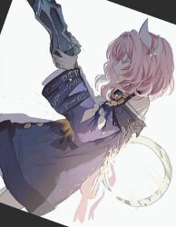 1boy 1girl armored_gloves closed_eyes coat cyrene_(honkai:_star_rail) flame_reaver_of_the_deepest_dark hair_ornament honkai:_star_rail honkai_(series) inagoinaire jewelry medium_hair necklace pink_hair purple_coat short_hair simple_background stab staff white_background