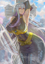 Rule 34 | 1girl, 2others, absurdres, arm behind head, armor, armpits, aura, black dress, black gloves, black pantyhose, blue aura, breasts, commentary, dress, elbow gloves, english commentary, expressionless, gloves, hair between eyes, hair over eyes, highres, holding, holding shield, large breasts, long hair, multiple others, pantyhose, polearm, red eyes, selvaria bles, senjou no valkyria (series), shield, sleeveless, sleeveless dress, voidmakerz, weapon, white hair