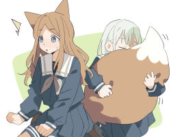 2girls animal_ears bang_dream! bang_dream!_it&#039;s_mygo!!!!! blue_eyes blue_shirt blue_skirt blush brown_hair closed_eyes coldcat. fox_ears fox_girl fox_tail green_hair grey_neckerchief highres hugging_tail kemonomimi_mode long_hair long_sleeves multiple_girls nagasaki_soyo neckerchief open_mouth pleated_skirt school_uniform shirt sidelocks skirt sweatdrop tail tsukinomori_school_uniform wakaba_mutsumi