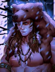1boy absurdres animal_hood baldur&#039;s_gate baldur&#039;s_gate_3 bara bare_tree bear_hood brown_hair dark-skinned_male dark_skin dungeons_&amp;_dragons dungeons_&amp;_dragons elf halsin highres hood kompotto looking_ahead male_focus mature_male medium_hair muscular muscular_male nipple_piercing nipples pectorals piercing pointy_ears single_nipple_piercing snowing solo sparse_chest_hair thick_eyebrows tree tribal