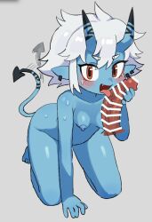 Rule 34 | 1boy, 1girl, bar censor, batrobin k, blue skin, breasts, censored, character request, colored skin, completely nude, demon girl, demon horns, demon tail, ear piercing, fang, fellatio, hetero, highres, horns, licking, licking penis, nude, oral, penis, piercing, pointy ears, red eyes, short hair, simple background, small breasts, soukaku (zenless zone zero), tail, white background, white hair, zenless zone zero