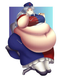 1girl big_belly breasts fat fat_woman highres large_breasts obese solo tagme weight_gain white_hair yagokoro_eirin