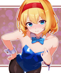 1girl alice_margatroid black_pantyhose blonde_hair blue_bow blue_bowtie blue_eyes blue_leotard blush bow bowtie breasts closed_mouth collarbone commentary_request cowboy_shot detached_collar hairband highres kisaragi_koushi leaning_forward leotard looking_at_viewer pantyhose red_hairband short_hair small_breasts solo touhou v-shaped_eyebrows wrist_cuffs
