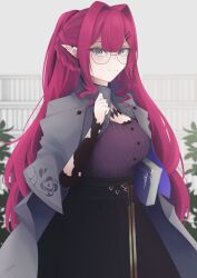 Rule 34 | 1girl, absurdres, baobhan sith (fate), baobhan sith (swimsuit pretender) (second ascension) (fate), black skirt, book, breasts, capelet, earrings, fate/grand order, fate (series), glasses, grey capelet, grey eyes, hand up, highres, holding, holding book, jewelry, long hair, looking at viewer, pink hair, pointy ears, purple shirt, regale, round eyewear, shirt, sidelocks, skirt, solo