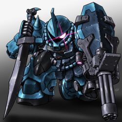 Rule 34 | absurdres, bullet hole, commentary request, gatling gun, glowing, glowing eye, gouf custom, gradient background, gundam, gundam 08th ms team, highres, holding, holding sword, holding weapon, horns, looking at viewer, mecha, mobile suit, no humans, on one knee, one-eyed, red eyes, robot, science fiction, sd gundam, shield, shoulder spikes, single horn, solo, spikes, sword, weapon, yatta070622