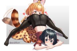 2girls animal_print arched_back arm_rest black_eyes black_hair black_legwear extra_ears face_in_crotch female_pervert flexible full_body gloves hair_between_eyes hands_on_ground heart high-waist_skirt highres jack-o&#039;_challenge kaban_(kemono_friends) kemono_friends meme multiple_girls neukkom pantyhose pervert print_gloves print_skirt red_shirt serval_(kemono_friends) shirt short_hair skirt smelling smelling_pussy spread_legs stretching striped_tail tail tail_wagging top-down_bottom-up wavy_hair wide_spread_legs yuri