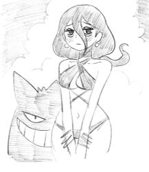 Rule 34 | 1girl, @ @, alternate costume, bags under eyes, bare shoulders, bikini, blush, bracelet, breasts, cleavage, cloud, cloudy sky, criss-cross halter, earrings, embarrassed, furrowed brow, gen 1 pokemon, gengar, greyscale, grin, hair between eyes, halterneck, hex maniac (pokemon legends: z-a), highres, jewelry, looking at viewer, medium breasts, monochrome, navel, nintendo, pokemon, pokemon (creature), pokemon legends: z-a, sketch, sky, smile, solo focus, sphere earrings, swimsuit, v arms, wanderjegson