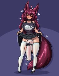1futa absurdres ahoge animal_ears animal_penis blush breasts clothes_lift erection eyeshadow fox_ears fox_girl fox_tail futanari heart highres horse_penis huge_penis huge_testicles knotted_penis large_breasts limebreaker long_hair makeup off-shoulder_shirt off_shoulder original penis penis_ornament penis_ribbon penis_sheath presenting red_hair ribbon shirt simple_background skirt skirt_lift smile socks solo standing tail tan testicles thick_thighs thighhighs thighs white_thighhighs wide_hips