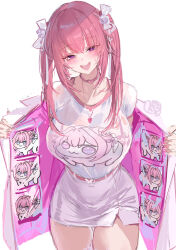 Rule 34 | 1girl, absurdres, blush, bow, breasts, choker, collarbone, commentary, dishwasher1910, doro (nikke), dorothy (nikke), english commentary, fingernails, goddess of victory: nikke, hair between eyes, hair bow, hair ribbon, heart, heart choker, heart collar, heart necklace, highres, jacket, jewelry, large breasts, long hair, looking at viewer, nail polish, necklace, open mouth, pink choker, pink eyes, pink hair, pink jacket, pink nails, ribbon, shirt, short sleeves, simple background, sketch, skirt, smile, solo, sweat, teeth, thighs, twintails, upper teeth only, white background, white bow, white ribbon, white shirt, white skirt