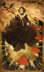 1girl absurdres black_dress blonde_hair butter_knife dress dungeon_meshi highres holding holding_staff lion long_hair marcille_donato marcille_donato_(lord) mei_ren monster mushroom solo spoon staff very_long_hair walking_mushroom_(dungeon_meshi) winged_lion_(dungeon_meshi)