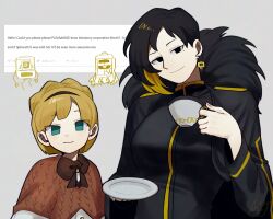 11230kingyo 1boy 1girl binah_(project_moon) black_coat black_dress black_eyes black_hair blonde_hair bow bowtie braid brown_bow brown_bowtie brown_capelet brown_hairband capelet closed_mouth coat colored_inner_hair crown_braid cup dress earrings fur-trimmed_coat fur_trim green_eyes grey_background hairband highres holding holding_cup jewelry lobotomy_corporation looking_at_viewer mole mole_under_eye multicolored_hair project_moon shirt short_hair simple_background single_earring smile teacup tiphereth_b_(project_moon) upper_body white_shirt