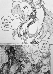 Rule 34 | 1boy, 1girl, 1other, absurdres, breasts, chronozbergh, dagger (marvel), english text, greyscale, highres, human torch, long hair, looking at viewer, looking to the side, marvel, marvel rivals, monochrome, robot, short hair, smile, speech bubble, tagme, traditional media, ultron, weapon, white background