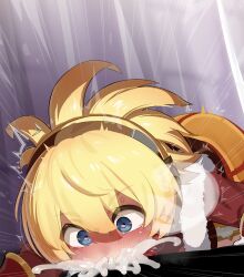 1boy 1girl absurdres blonde_hair blue_eyes blush cum cum_in_mouth cum_overflow fur-trimmed_jacket fur_trim heart heart-shaped_pupils hetero highres jacket megido72 mizumizuni penis red_jacket red_scarf scarf shax_(megido72) sweat symbol-shaped_pupils