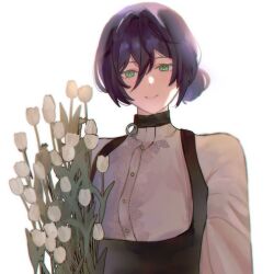 Rule 34 | 1girl, black choker, black dress, bouquet, chainsaw man, choker, dress, ekanamee, flower, folded ponytail, green eyes, hair between eyes, long sleeves, looking at viewer, multiple girls, puffy long sleeves, puffy sleeves, purple hair, reze (chainsaw man), shirt, short hair, simple background, solo, tulip, white background, white flower, white shirt, white tulip