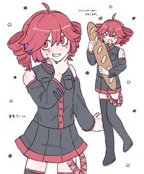 &gt;_&lt; 1girl :d ahoge baguette black_boots black_shirt black_skirt boots bread breast_pocket detached_sleeves drill_hair food gyogyokiti hair_between_eyes hand_on_own_face headphones heart highres holding holding_food kasane_teto long_sleeves looking_at_viewer multiple_views open_mouth pocket red_eyes red_hair shirt simple_background skirt smile standing thigh_boots twin_drills utau white_background