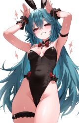 1girl absurdres alternate_costume animal_ears arm_strap armpits arms_up bare_shoulders bianca_(black_survival) black_leotard black_survival blue_hair bow bowtie breasts cameltoe commentary covered_navel cowboy_shot dasi_(kwts3227) detached_collar eternal_return:_black_survival fake_animal_ears frilled_thigh_strap grin hair_between_eyes highleg highleg_leotard highres leotard long_hair looking_at_viewer playboy_bunny rabbit_ears rabbit_pose red_bow red_eyes scrunchie simple_background small_breasts smile solo standing strapless strapless_leotard thigh_strap thighs very_long_hair white_background wrist_scrunchie