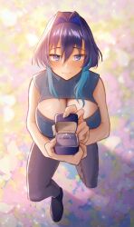 Rule 34 | 1girl, absurdres, black hair, black pants, blue hair, blue jacket, breasts, cleavage, elsten, evening, hair intakes, highres, hololive, hololive english, huge breasts, jacket, jewelry, kneeling, looking at viewer, marriage proposal, multicolored hair, ouro kronii, ouro kronii (4th costume), outdoors, pants, ring, ring box, sleeveless, sleeveless jacket, solo, virtual youtuber, wedding ring