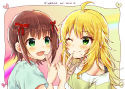 2021 2girls :d ;) ahoge amami_haruka bare_shoulders blonde_hair blunt_bangs blush border brown_hair close-up closed_mouth commentary_request commission dated_commentary gradient_background green_eyes green_nails happy heart heart_of_string highres hoshii_miki idolmaster idolmaster_(classic) index_finger_raised long_hair looking_at_another multiple_girls nail_polish off-shoulder_shirt off_shoulder one_eye_closed open_mouth outside_border pink_nails shirt short_hair simple_background skeb_commission smile spiked_hair striped_clothes striped_shirt tareme v white_border yam_(yamap_mako)