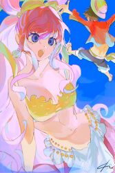 1boy 1girl arms_up bad_id bad_twitter_id bikini blue_background blue_eyes blue_shorts earrings eyelashes hat jewelry mermaid monkey_d._luffy monster_girl one_piece open_mouth red_shirt sash senzzang shell shell_earrings shirahoshi shirt shorts sidelocks signature smile straw_hat swimsuit yellow_bikini yellow_sash
