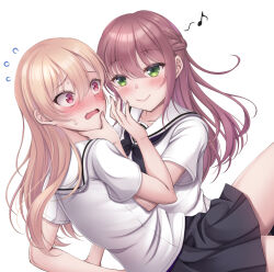 2girls black_skirt blonde_hair blush brown_hair fang flying_sweatdrops green_eyes hand_on_another&#039;s_chin hiro_(725611) hiyama_yurina kimura_honoka long_hair looking_at_another multiple_girls musical_note nervous parted_lips pink_eyes pleated_skirt school_uniform serafuku shoujo_manga_shujinkou_x_rival-san skirt smile sweatdrop white_serafuku yuri