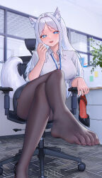 1girl absurdres animal_ears blue_eyes blush crossed_legs desk feet highres lanyard long_hair looking_at_viewer miniskirt office_lady open_mouth pantyhose qizhu shoes sitting skirt steam swivel_chair tail toes unworn_shoes white_hair
