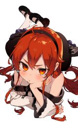 1girl absurdres ahoge bare_shoulders black_hairband black_shoes black_skirt blush double-parted_bangs eris_greyrat full_body hair_between_eyes hairband head_rest highres loafers long_hair long_sleeves looking_at_viewer lying mokkori mushoku_tensei off-shoulder_shirt off_shoulder on_stomach pantyhose red_eyes red_hair shirt shoes short_eyebrows simple_background skirt solo v-shaped_eyebrows very_long_hair white_background white_pantyhose white_shirt