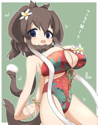1girl animal_ears arms_behind_back blue_eyes blush bracelet breasts brown_hair cleavage cleavage_cutout clothing_cutout commentary_request cowboy_shot dutch_angle empty_eyes flower fur_collar green_background hair_between_eyes hair_flower hair_ornament heart highres jewelry kemono_friends kemono_friends_3 large_breasts lets0020 looking_at_viewer mammoth_(kemono_friends) medium_hair one-piece_swimsuit open_mouth print_swimsuit red_one-piece_swimsuit smile solo swimsuit tail translation_request white_flower