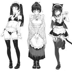 3girls animal_ears apron bikini blush bow bowtie breasts cat_ears cat_tail detached_collar elbow_gloves fake_animal_ears fake_tail frilled_bikini frilled_thighhighs frills garter_straps gloves gokou_ruri greyscale hair_bun high_heels highres japanese_clothes long_hair looking_at_viewer looking_to_the_side maid maid_bikini maid_headdress miniskirt monochrome multiple_girls necktie ore_no_imouto_ga_konna_ni_kawaii_wake_ga_nai paw_pose rhinth shoes shy side-tie_bikini_bottom simple_background skirt sleeveless small_breasts string_bikini swimsuit tail thighhighs twintails unconventional_maid wa_maid waist_apron white_background