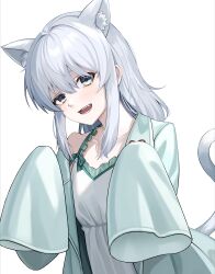 1girl absurdres animal_ears blush coat commentary_request fang green_coat green_eyes grey_hair grey_tail heart heart_in_eye highres indie_virtual_youtuber looking_at_viewer nekomugi_tororo open_mouth shirt simple_background solo symbol_in_eye tail teeth virtual_youtuber white_background white_shirt ziu