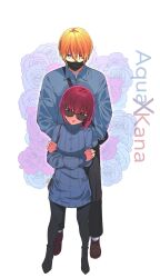 1boy 1girl arima_kana bag black_mask black_pants blonde_hair blue_shirt blue_sweater character_name flower highres hoshino_aquamarine long_sleeves mask mouth_mask oshi_no_ko pants red_eyes red_hair risdelusions rose shirt short_hair shoulder_bag star-shaped_pupils star_(symbol) sunglasses sweater symbol-shaped_pupils tongue tongue_out