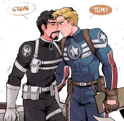 Rule 34 | 2boys, abs, avengers (series), belt, black bodysuit, black hair, blonde hair, blue bodysuit, blue eyes, blush, bodysuit, brown belt, brown gloves, captain america, clipboard, closed eyes, cowboy shot, english text, facial hair, fingerless gloves, gloves, highres, holding, holding clipboard, imminent kiss, male focus, marvel, multiple boys, muscular, muscular male, pocket, short hair, simple background, speech bubble, standing, star (symbol), star print, steve rogers, superhero costume, table, teeth, thigh strap, tony stark, weibo 7899261198, white background, white belt, white gloves, yaoi, zipper