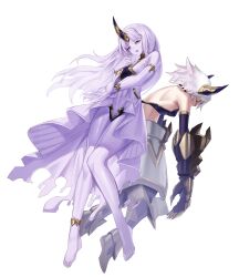 2girls absurdres anklet armlet armor armored_boots barefoot boots bracelet breasts choker claws closed_eyes colored_skin elbow_gloves faulds fingernails full_body gauntlets gloves grey_hair highres horns jewelry large_breasts long_hair looking_at_viewer multiple_girls navel original purple_eyes purple_hair purple_skin reaching reaching_towards_viewer revealing_clothes sharp_fingernails short_hair single_horn slumped small_breasts spirit white_background zhu_fun