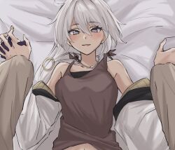 2girls black_gloves brown_tank_top commentary_request female_pov gloves holding_hands honkai_(series) honkai_impact_3rd interlocked_fingers jacket jewelry kiana_kaslana long_hair long_sleeves looking_at_viewer multiple_girls necklace on_bed parted_lips pov purple_eyes raiden_mei smile syonosuke9573 tank_top white_hair white_jacket yuri