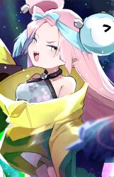 1girl :d akaimo_(akaimokou) armpit_crease bare_shoulders blue_hair breasts character_hair_ornament commentary_request gen_1_pokemon hair_ornament iono_(pokemon) jacket long_hair looking_at_viewer magnemite multicolored_hair nintendo open_mouth pink_eyes pink_hair pokemon pokemon_sv sharp_teeth sleeveless smile solo teeth two-tone_hair yellow_eyes yellow_jacket