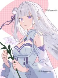 Rule 34 | 1girl, bare shoulders, blunt bangs, braid, breasts, cathyyyemilia, cleavage, closed mouth, crown braid, detached sleeves, dress, emilia (re:zero), flower, highres, holding, holding flower, long hair, long sleeves, looking at viewer, medium breasts, pointy ears, purple eyes, purple ribbon, re:zero kara hajimeru isekai seikatsu, ribbon, smile, solo, upper body, white dress, white hair