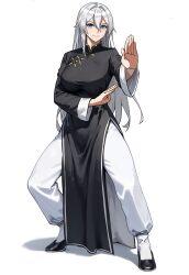1girl absurdres aether_gazer black_dress blue_eyes changpao china_dress chinese_clothes dress fighting_stance gengchen_(aether_gazer) highres kokoro_no_koibito kung_fu long_hair martial_arts self-upload smile white_hair