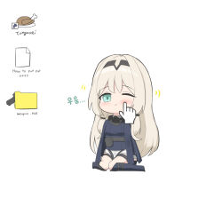 1girl an-94_(girls&#039;_frontline) aqua_eyes black_hairband blush cheek_poking chicken_(food) desktop_(computing) food girls&#039;_frontline glock gun hairband handgun korean_text long_hair one_eye_closed poking solo tongooei translation_request twitter_username weapon white_background