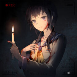 1girl blood blood_on_clothes blood_on_face blood_on_hands blue_eyes blue_hair blue_sailor_collar brown_jacket candle commentary_request corpse_party dark_background holding holding_candle jacket long_sleeves low_twintails medium_hair recording revyvian06 sailor_collar school_uniform shinozaki_ayumi solo twintails viewfinder