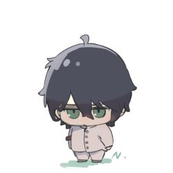1boy alternate_costume armband black_hair bleach chibi closed_mouth colored_skin gakuran green_eyes hair_between_eyes highres hishui_prpr jacket long_sleeves looking_at_viewer male_focus official_alternate_costume pants red_armband school_uniform shirt short_hair simple_background solo ulquiorra_cifer white_jacket white_pants white_skin