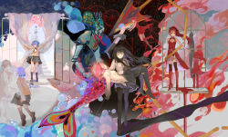 4girls absurdres akemi_homura akemi_homura_(magical_girl) black_hair blood blue_hair bubble burning carrying curtains fire hanged highres kamijou_kyousuke kaname_madoka l-blanca long_hair magical_girl mahou_shoujo_madoka_magica mahou_shoujo_madoka_magica_(anime) mermaid miki_sayaka monster_girl multiple_girls oktavia_von_seckendorff pink_hair polearm ponytail princess_carry red_hair sakura_kyoko sakura_kyoko_(magical_girl) short_hair spear string suicide twintails weapon wheel window